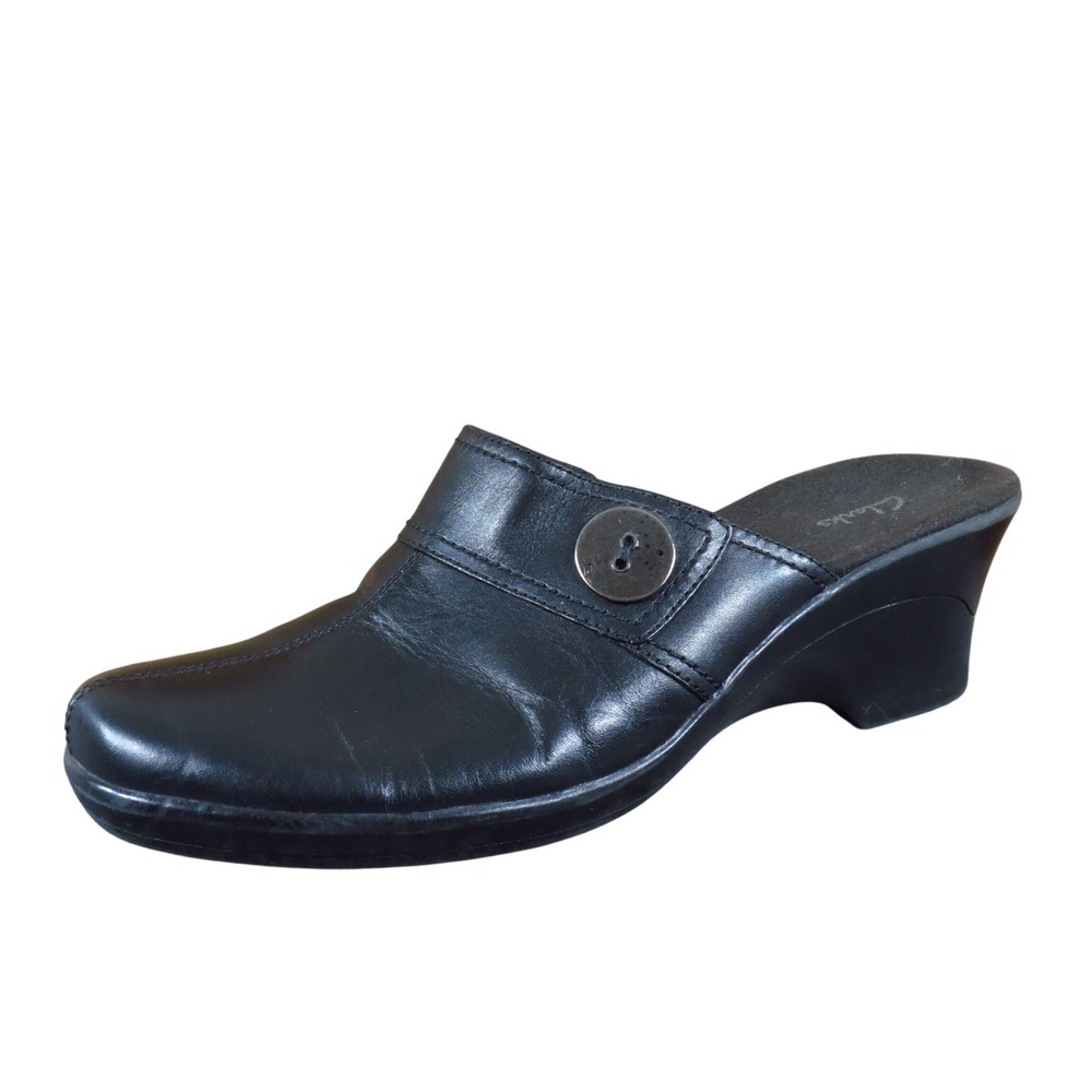 Clarks 79664 Womens Wedge Mules Size 10M Professional Work Wear Black Leather